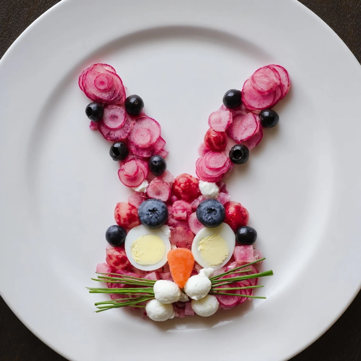 Vibrant Bunny Silhouette recipe, showcasing a bunny shape made with fresh fruits and creamy cheeses for spring.