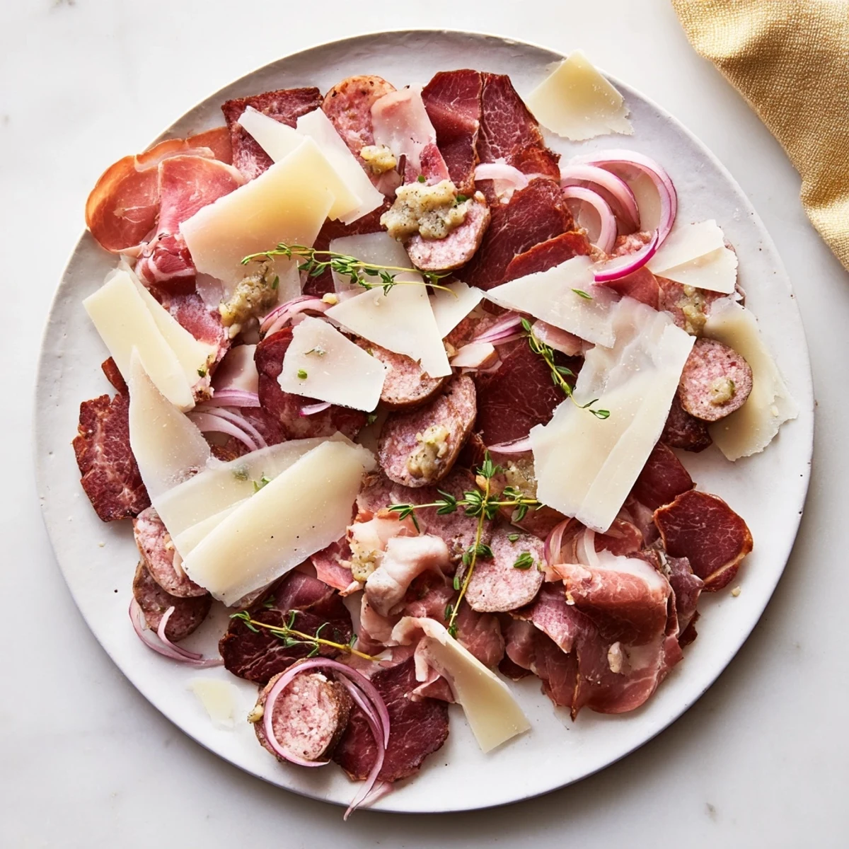 Close-up of The Burlap & Lace charcuterie board displaying assorted meats and cheeses, ready to serve.