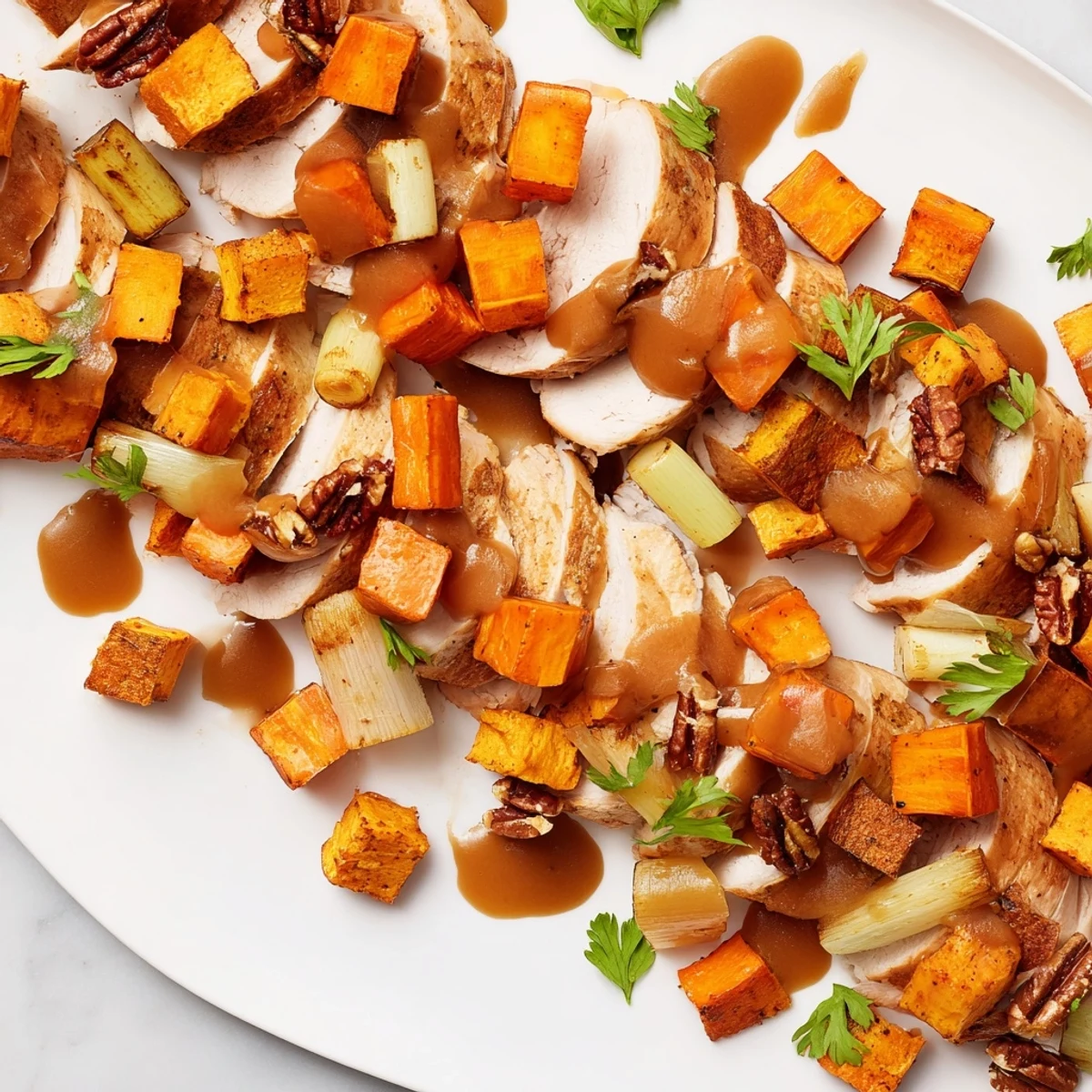 A Thanksgiving Chains of the Mayflower platter: golden turkey and roasted vegetables drizzled with rich gravy.