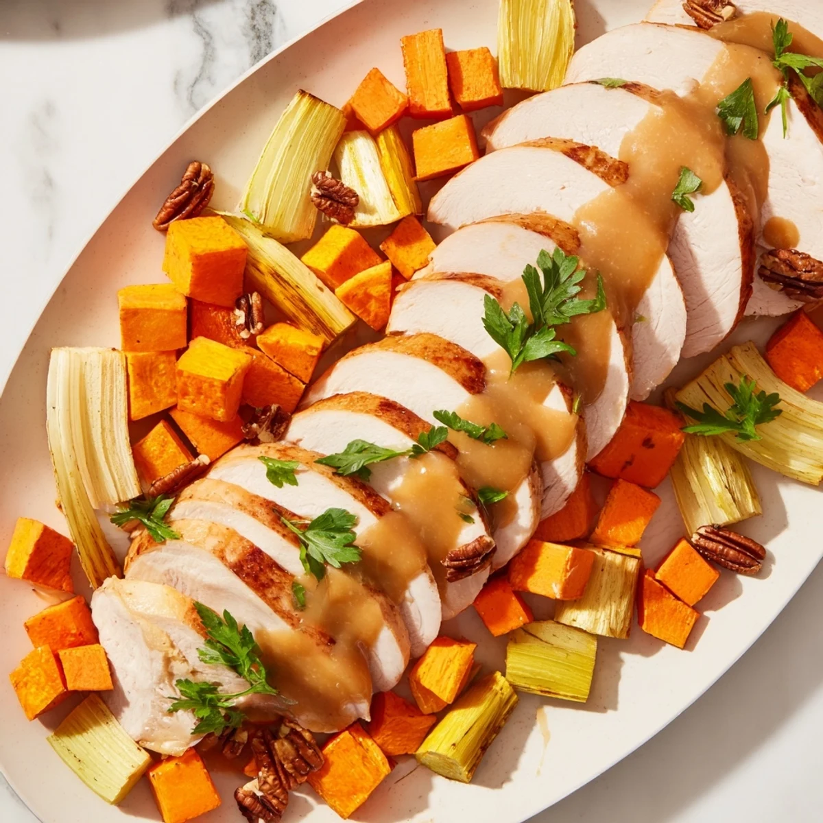 Imagine a close-up of the Chains of the Mayflower: tender turkey slices and colorful roasted vegetables in a chain.