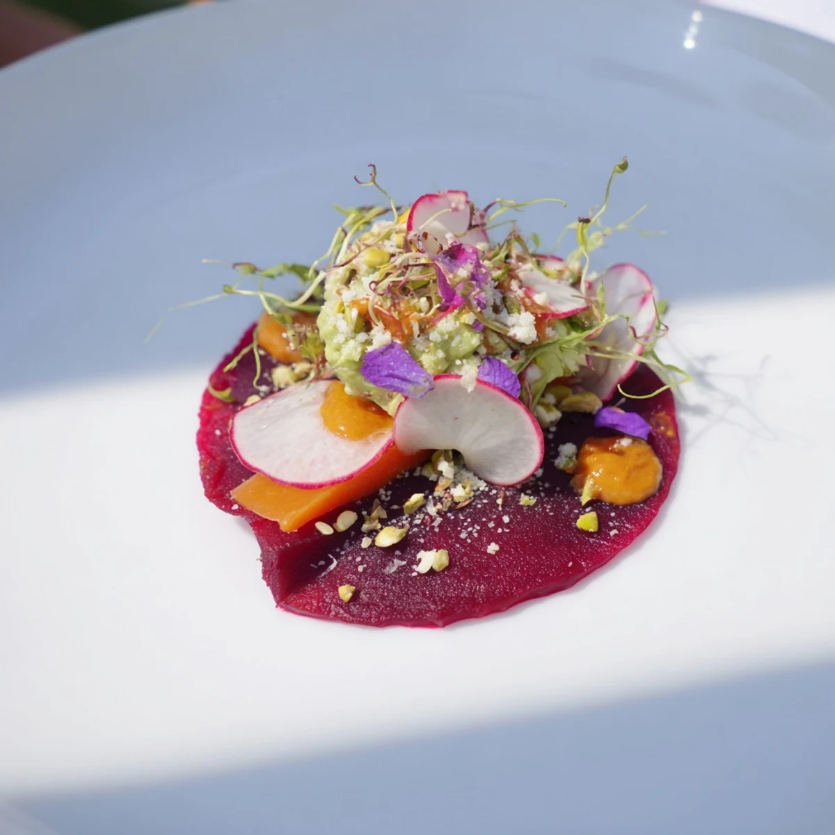 A vibrant photo of The Modernist Stripe, showcasing layered vegetable purées ready to eat.