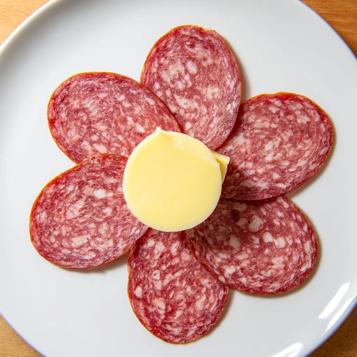 Savory Tudor Rose appetizer: five overlapping salami petals surround a cheese center, ready to eat.