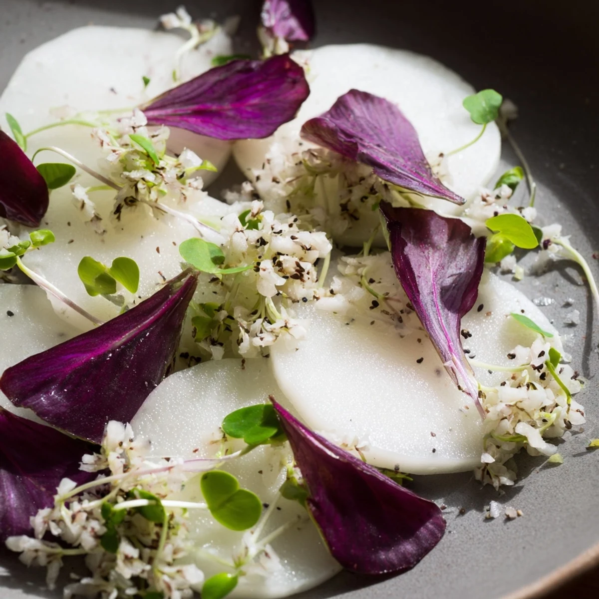 Delicate arrangement of The Tundra Trek including sesame and microgreens, ready to enjoy.