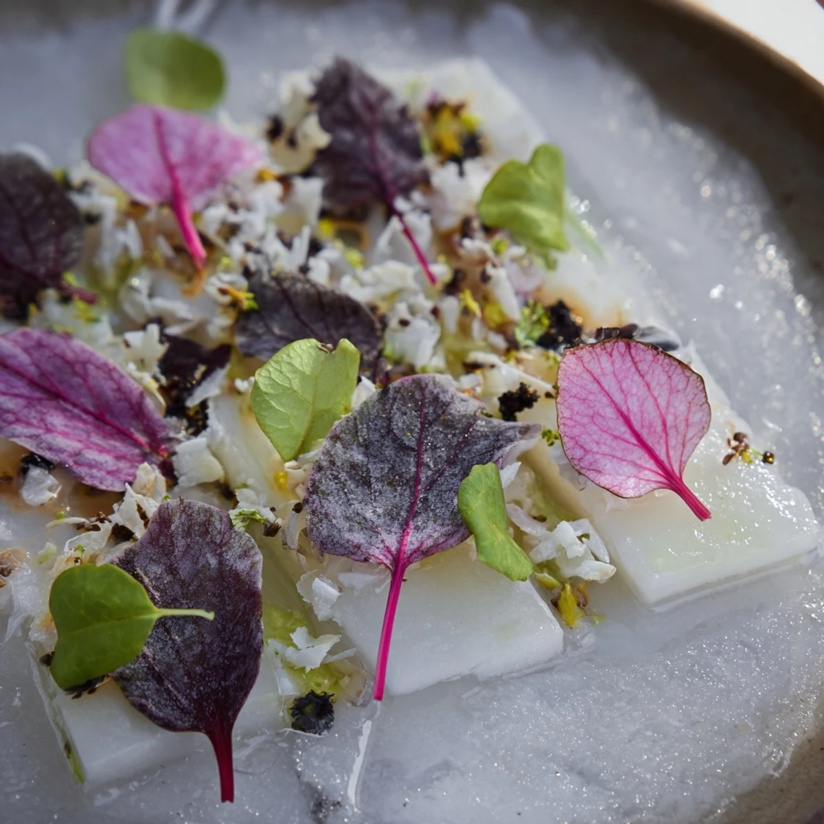 The Tundra Trek appetizer, a refreshing vegetarian dish arranged beautifully with crisp textures.