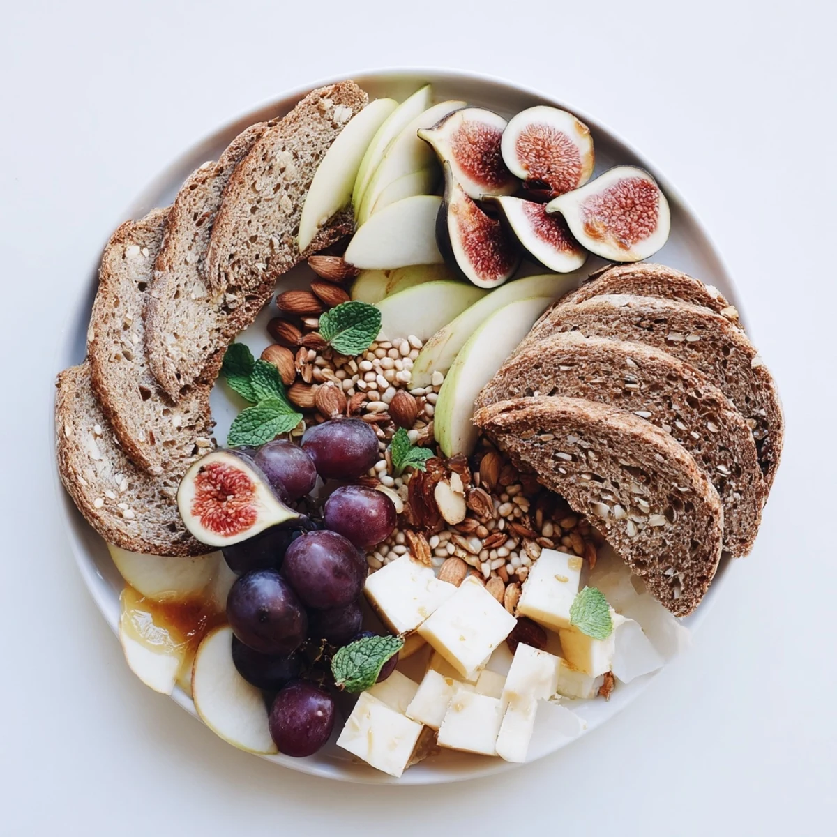 This beautiful Harvest Scythe arrangement showcases seasonal fruits, grains, and slices of bread.