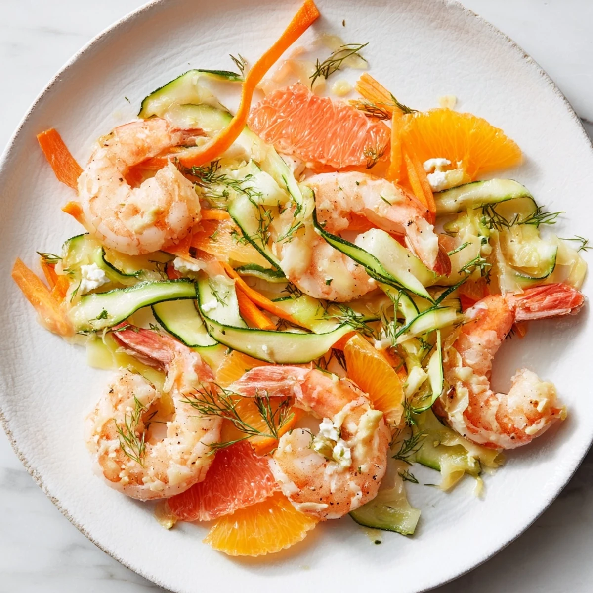 Golden-brown Gruyère topping The Coral Reef shrimp dish alongside vibrant orange and grapefruit segments.