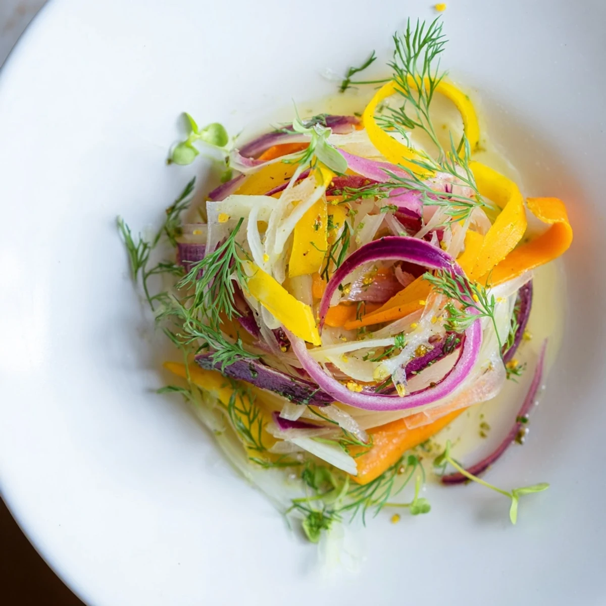 This fresh The Spinning Top salad showcases colorful, thinly sliced vegetables arranged elegantly on a plate.