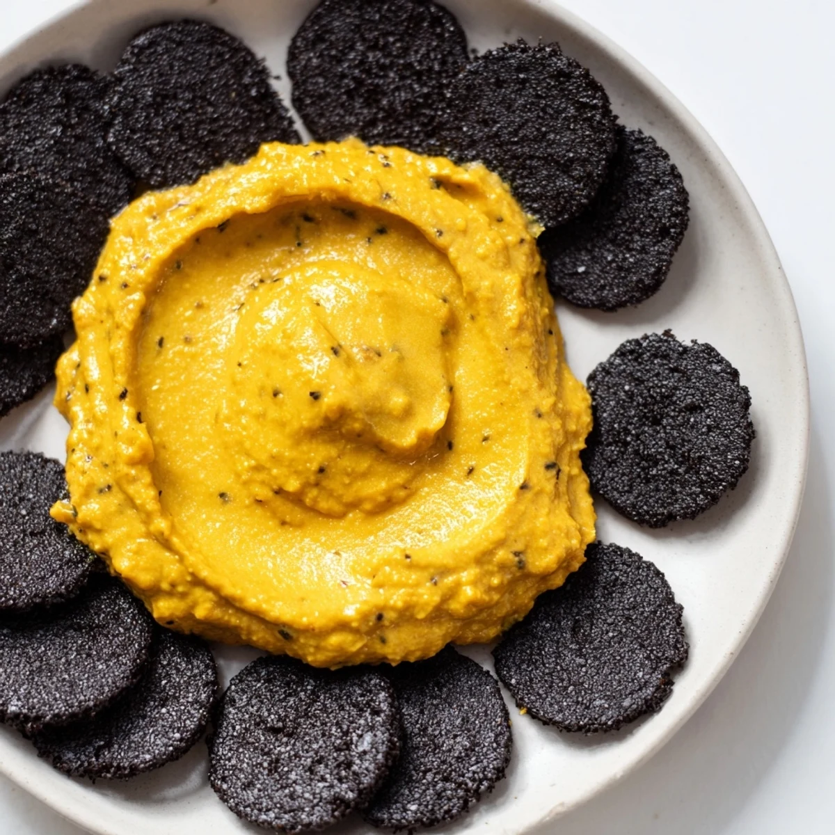 Midnight Sun appetizer: Creamy orange carrot dip encircled by crispy black charcoal crackers, perfect for sharing.