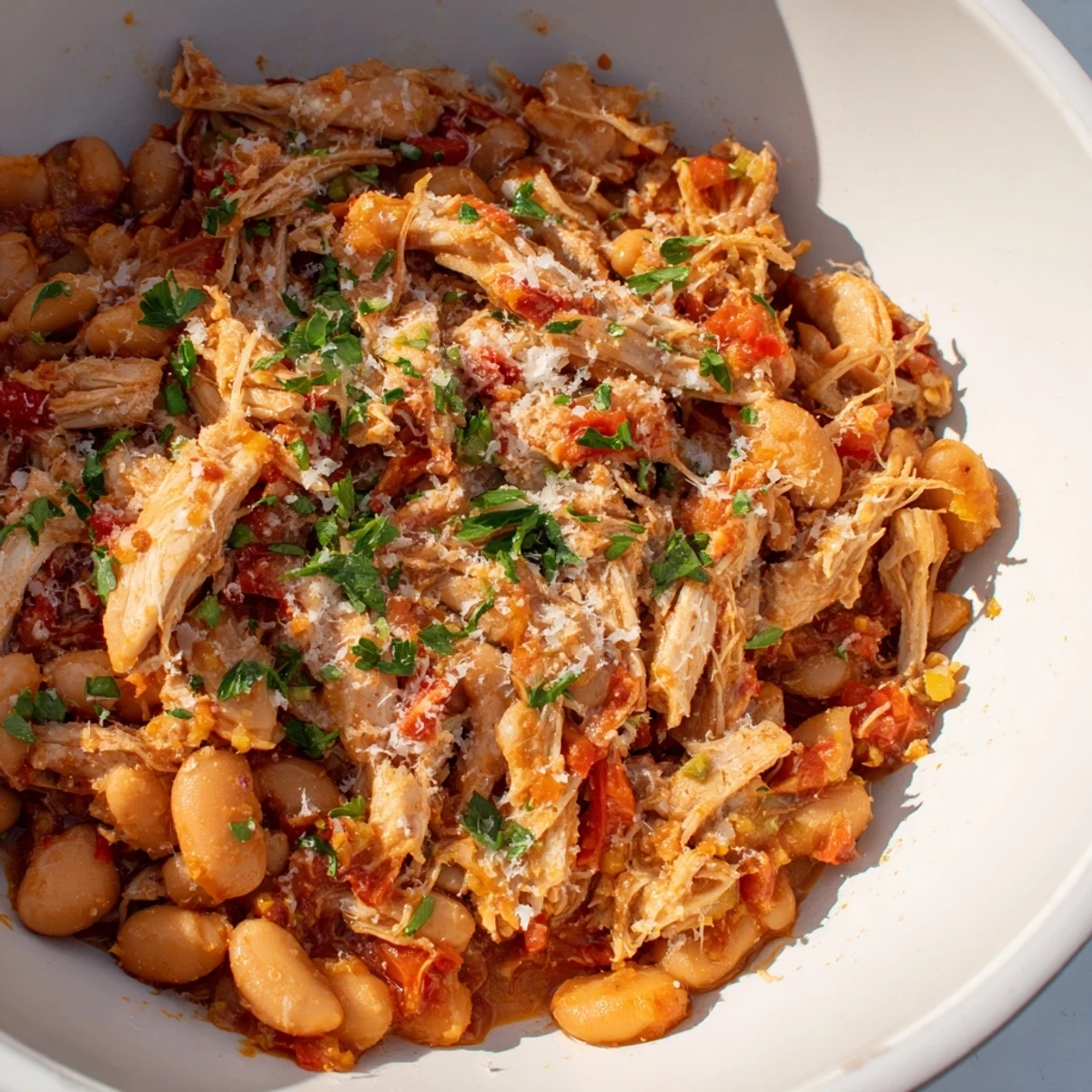 Savory White Bean and Roasted Red Pepper Chicken, offering a taste of home-cooked comfort in every spoonful.