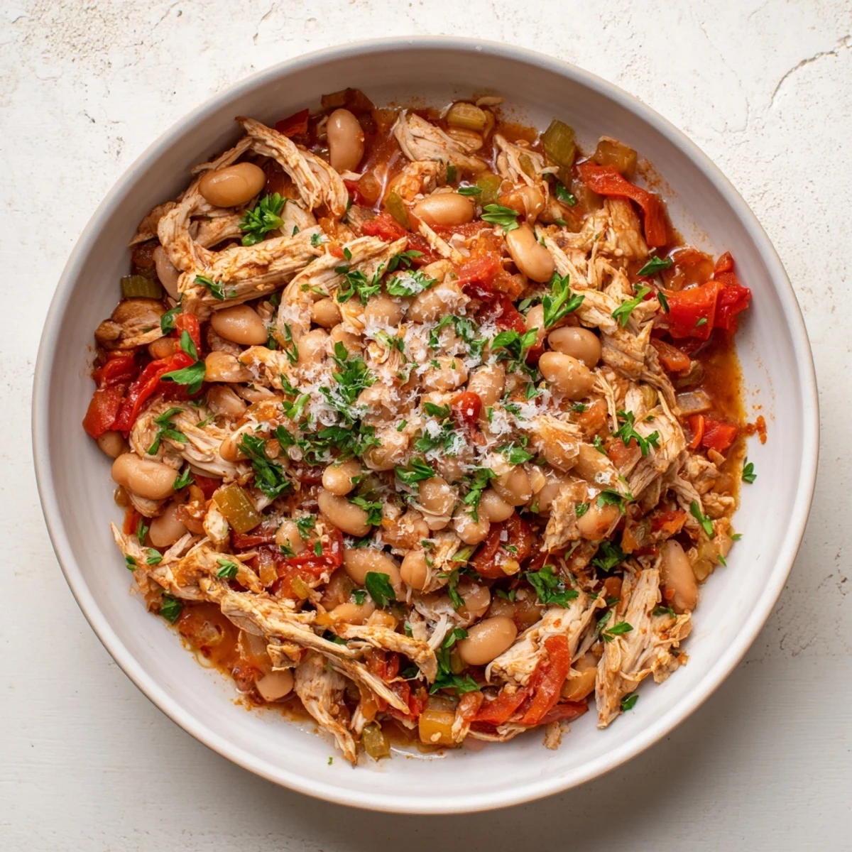 A warm bowl of White Bean and Roasted Red Pepper Chicken stew, garnished with fresh parsley.