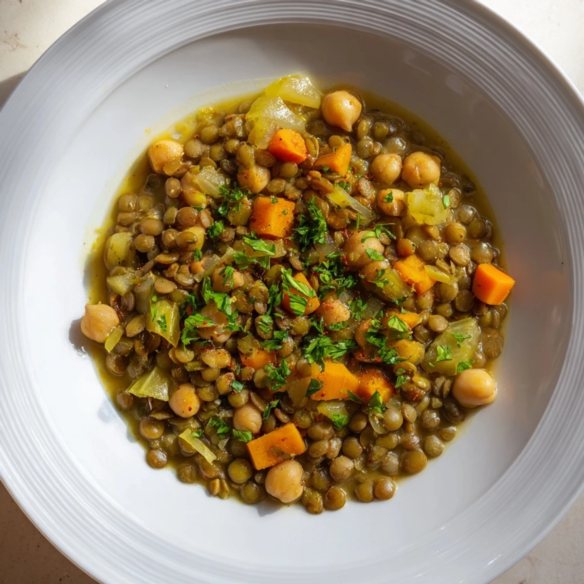 Close-up of a richly flavored Middle Eastern lentil and chickpea stew, bursting with comforting aromas.