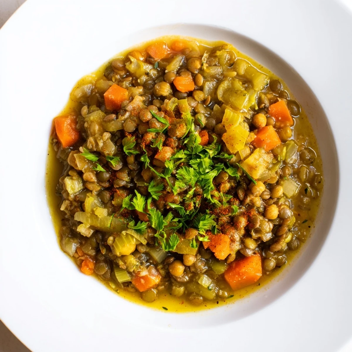 Enjoy a warmly spiced, vegan Middle Eastern lentil and chickpea stew, perfect with flatbread and lemon.