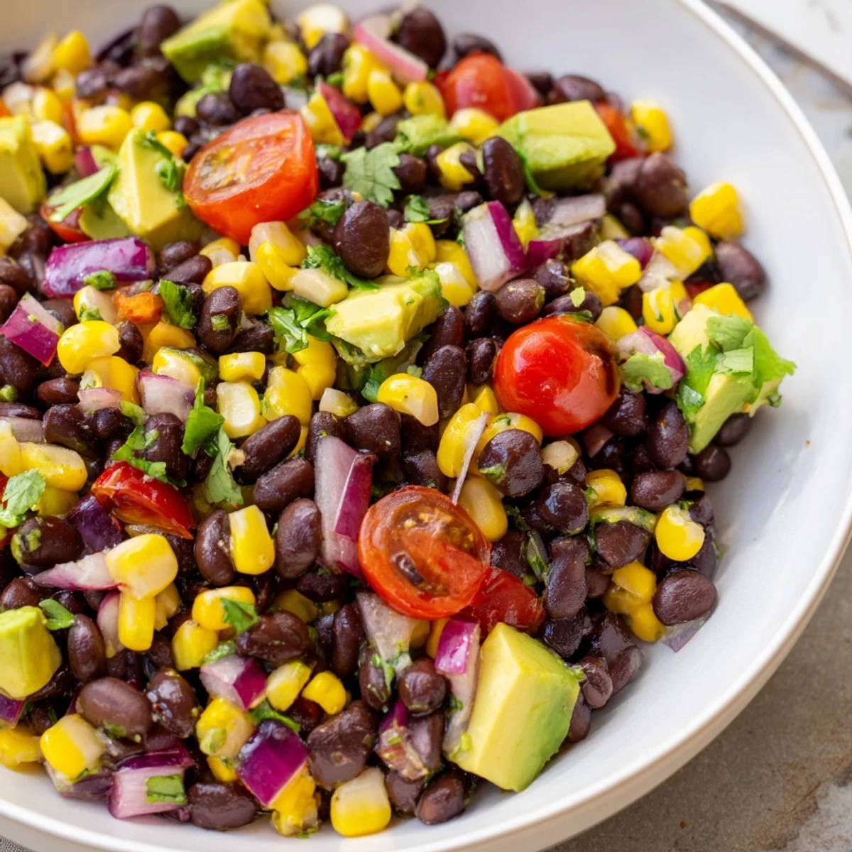 Close-up of fresh Southwestern Black Bean and Corn Salad, vibrant with colorful vegetables and herbs.