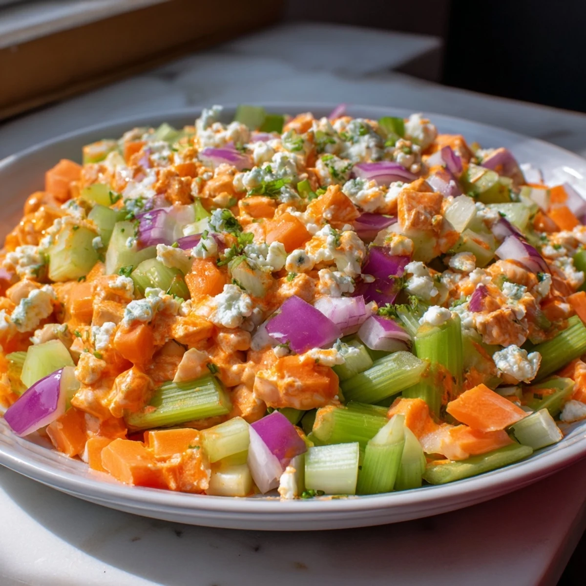 Spicy buffalo sauce coats chickpeas in this colorful, fresh buffalo chicken bean salad.