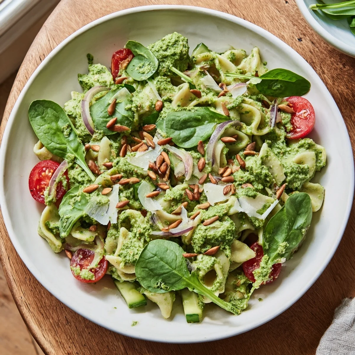 A close-up shot of the fresh and colorful Pesto Chickpea and Spinach Salad, ready to enjoy.