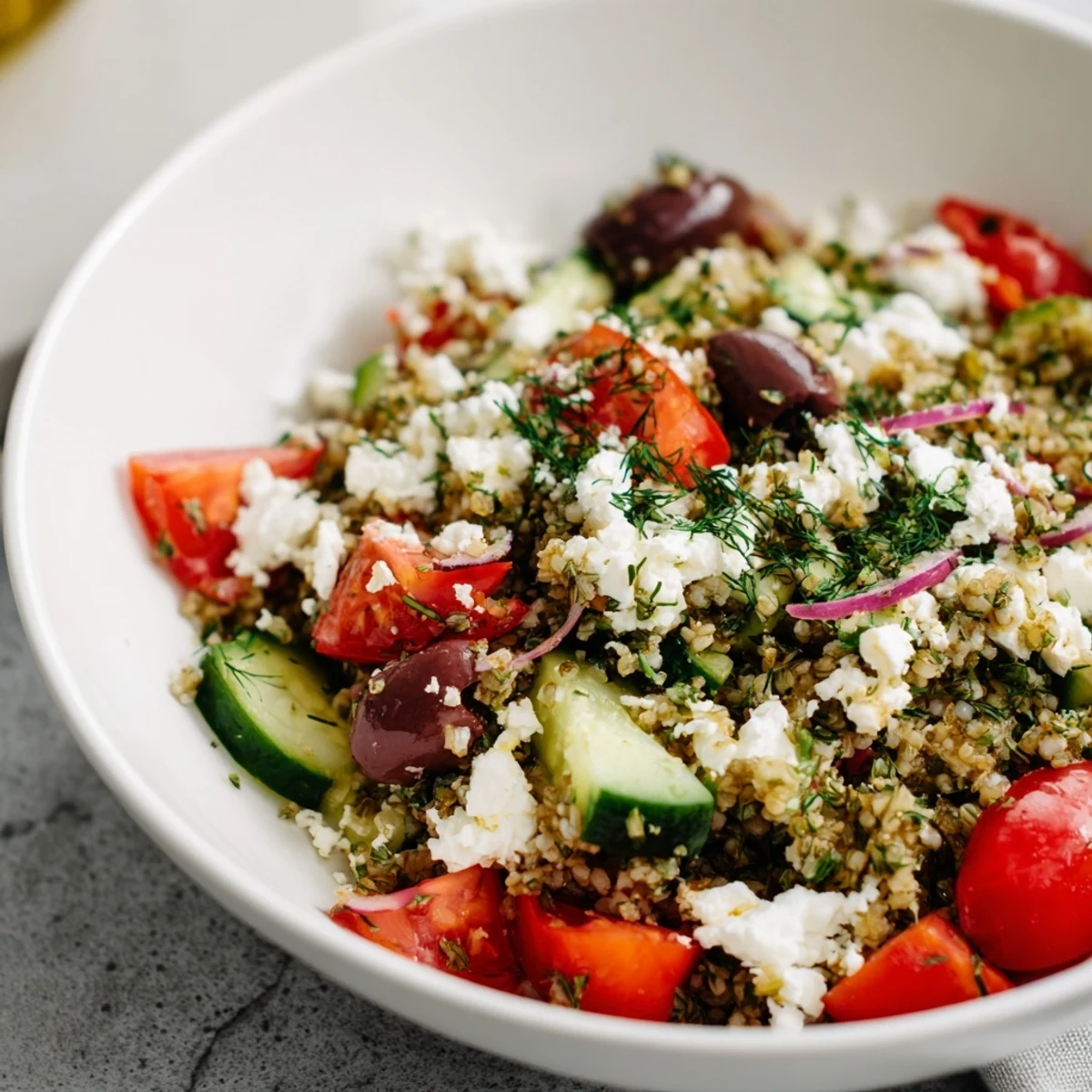 A bright close-up of Greek Lemon-Orzo Bean Salad: bursting with fresh veggies and herbs.
