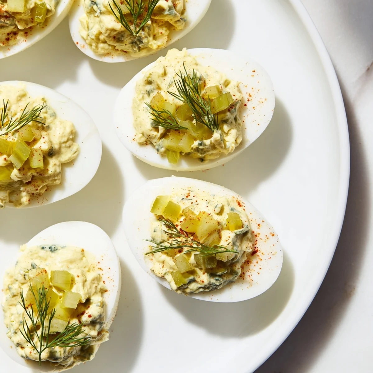 Creamy dill pickle deviled eggs, garnished with fresh dill, are a cool, tangy appetizer.