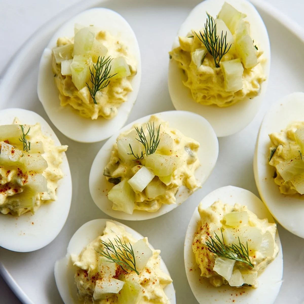 Plump deviled eggs with dill pickle, dusted with paprika, ready to serve and enjoy.