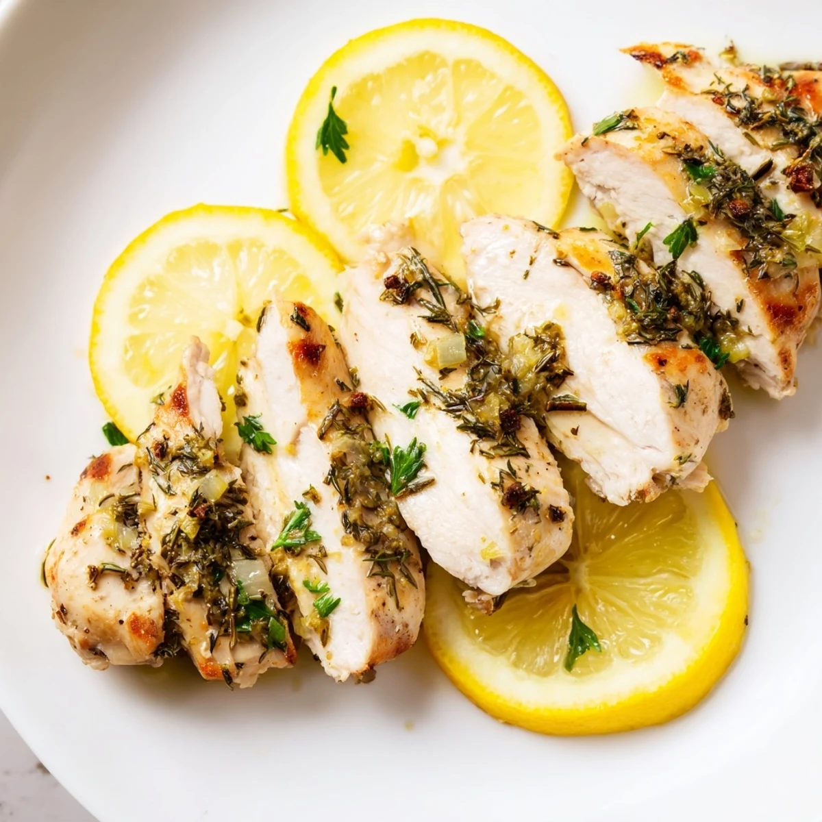 Golden-brown Greek Lemon Herb Chicken, ready to serve with fresh lemon wedges and savory herbs.