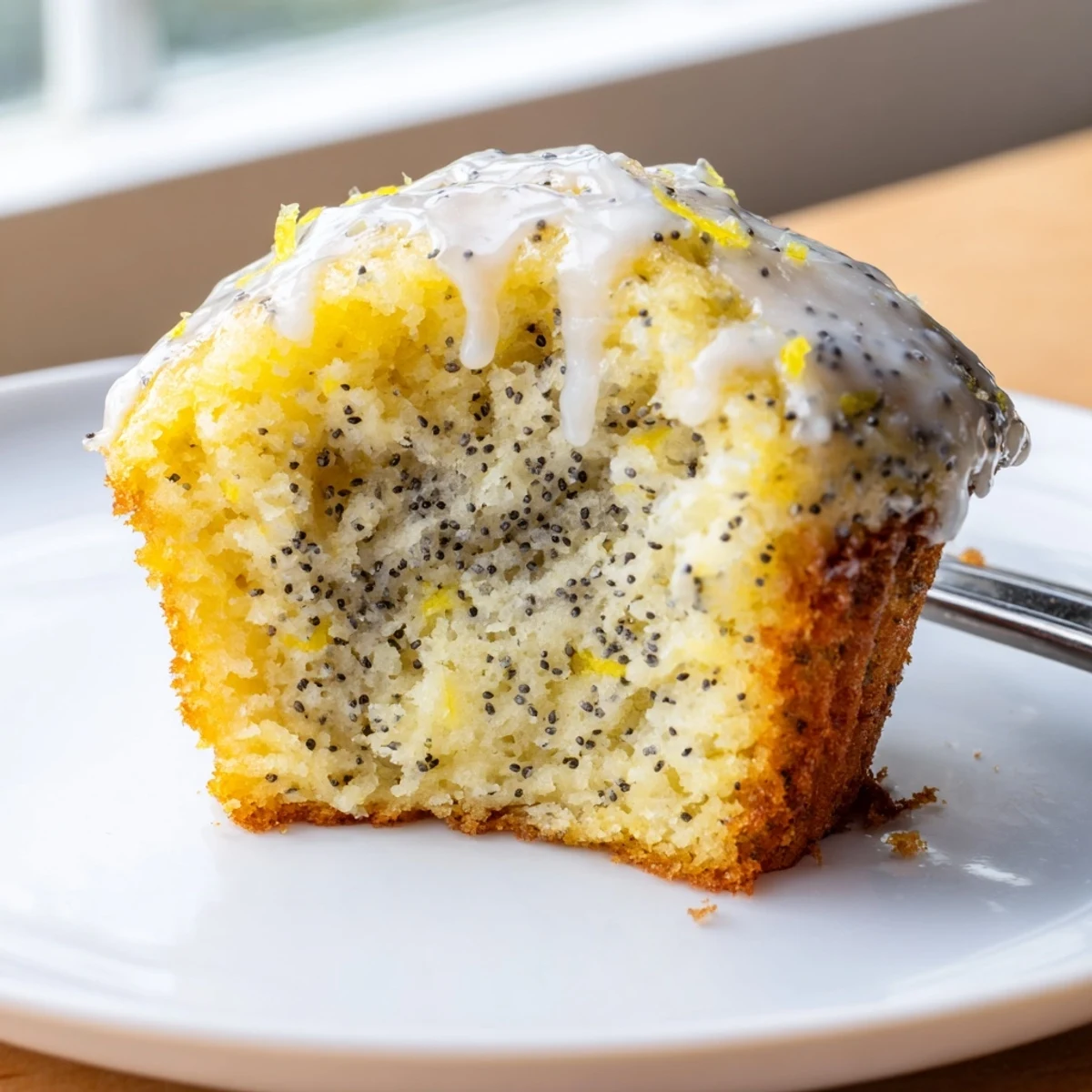 Fluffy Lemon Poppy Seed Muffins with a sweet lemon glaze, perfect for a cozy breakfast.