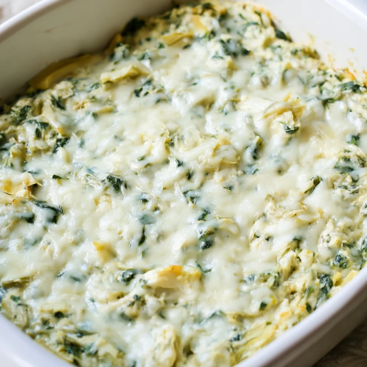 A bubbly, golden brown Cheesy Spinach Artichoke Dip, perfect for dipping tortilla chips.