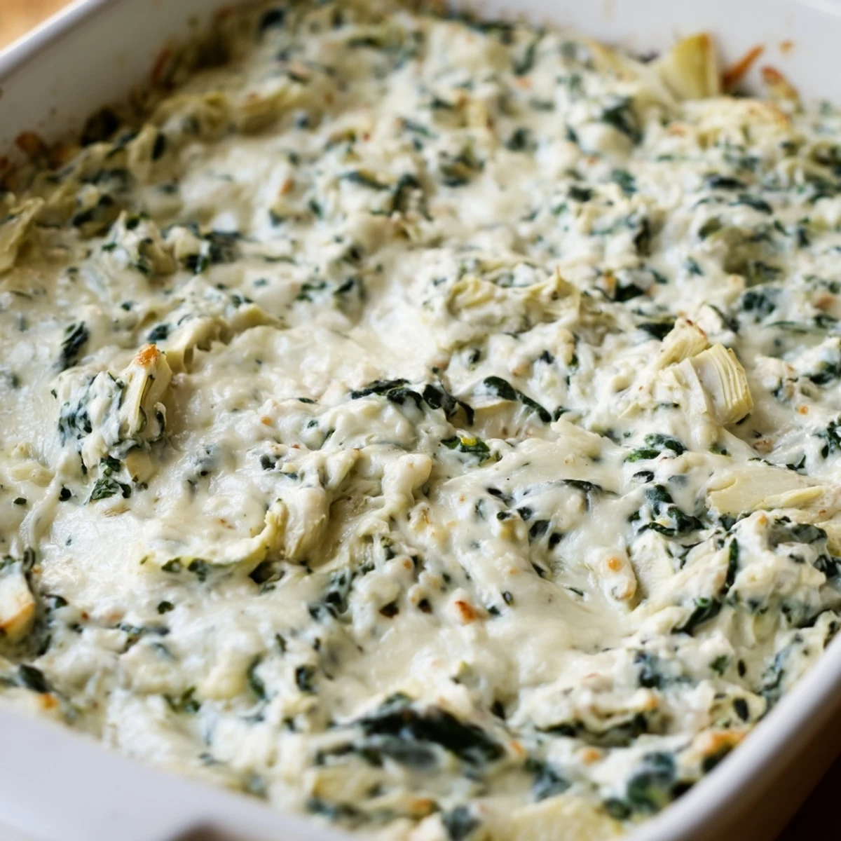 Molten, cheesy goodness: a close-up of a freshly baked Cheesy Spinach Artichoke Dip.