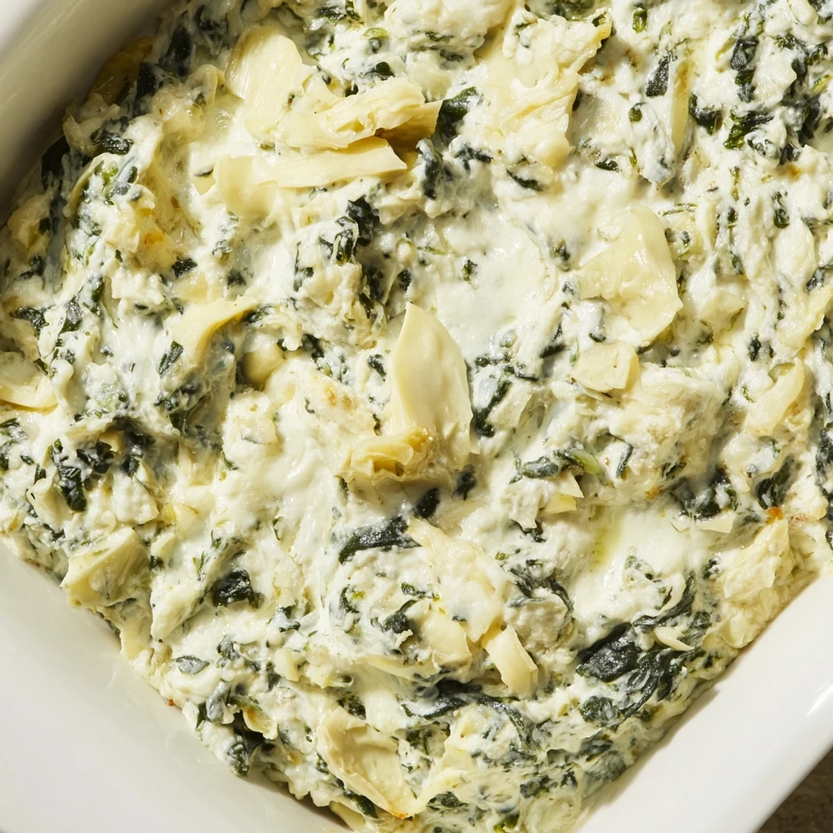 Creamy, warm Cheesy Spinach Artichoke Dip, ready to be served at the next party.