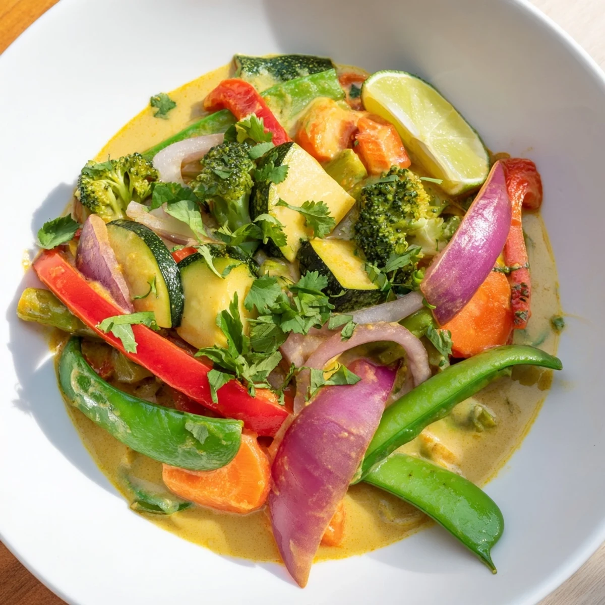 A flavorful bowl of Coconut Curry Vegetables, inviting you to imagine the taste of fresh ingredients.
