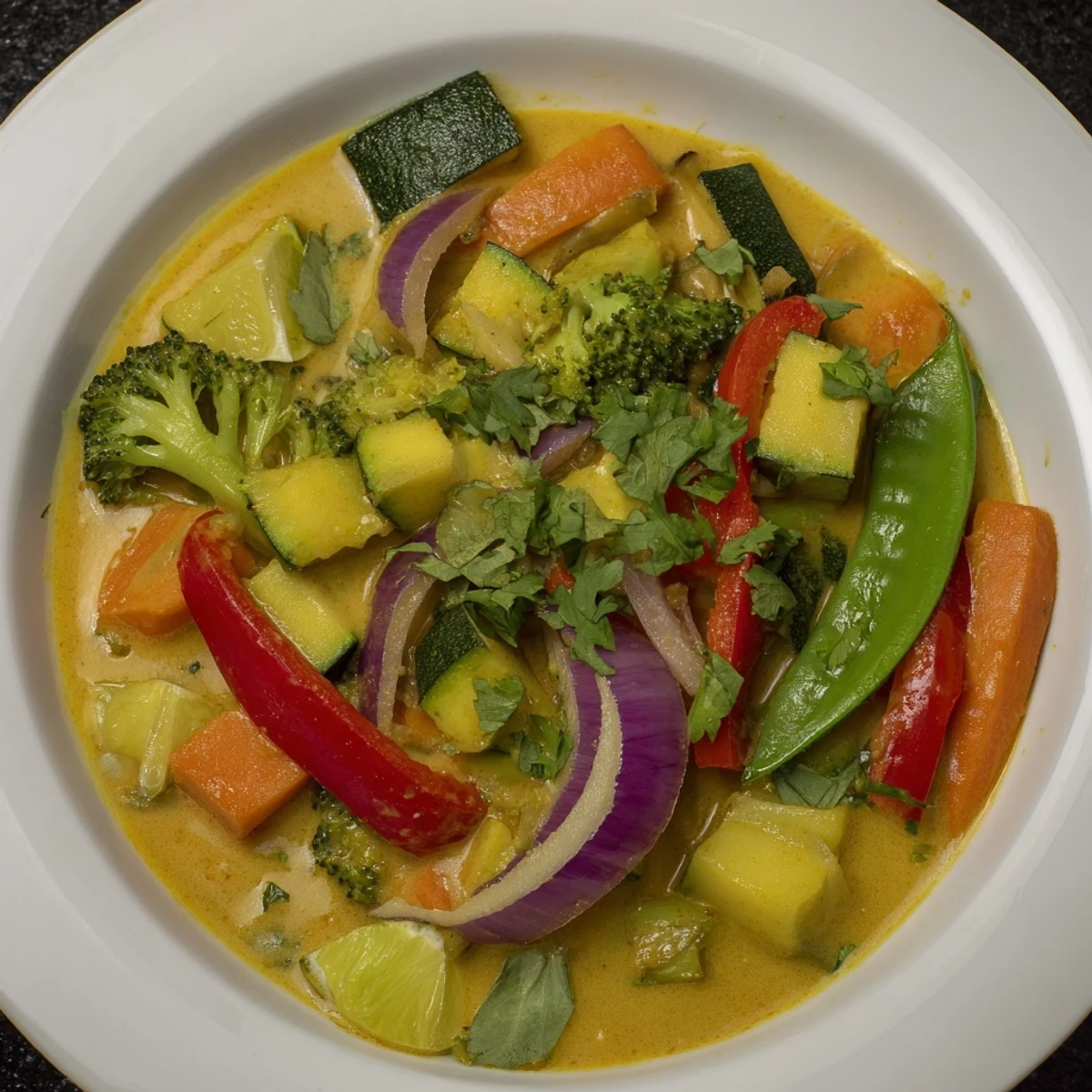 Steaming Coconut Curry Vegetables with vibrant colors; bell peppers, carrots, and broccoli in a coconut sauce.