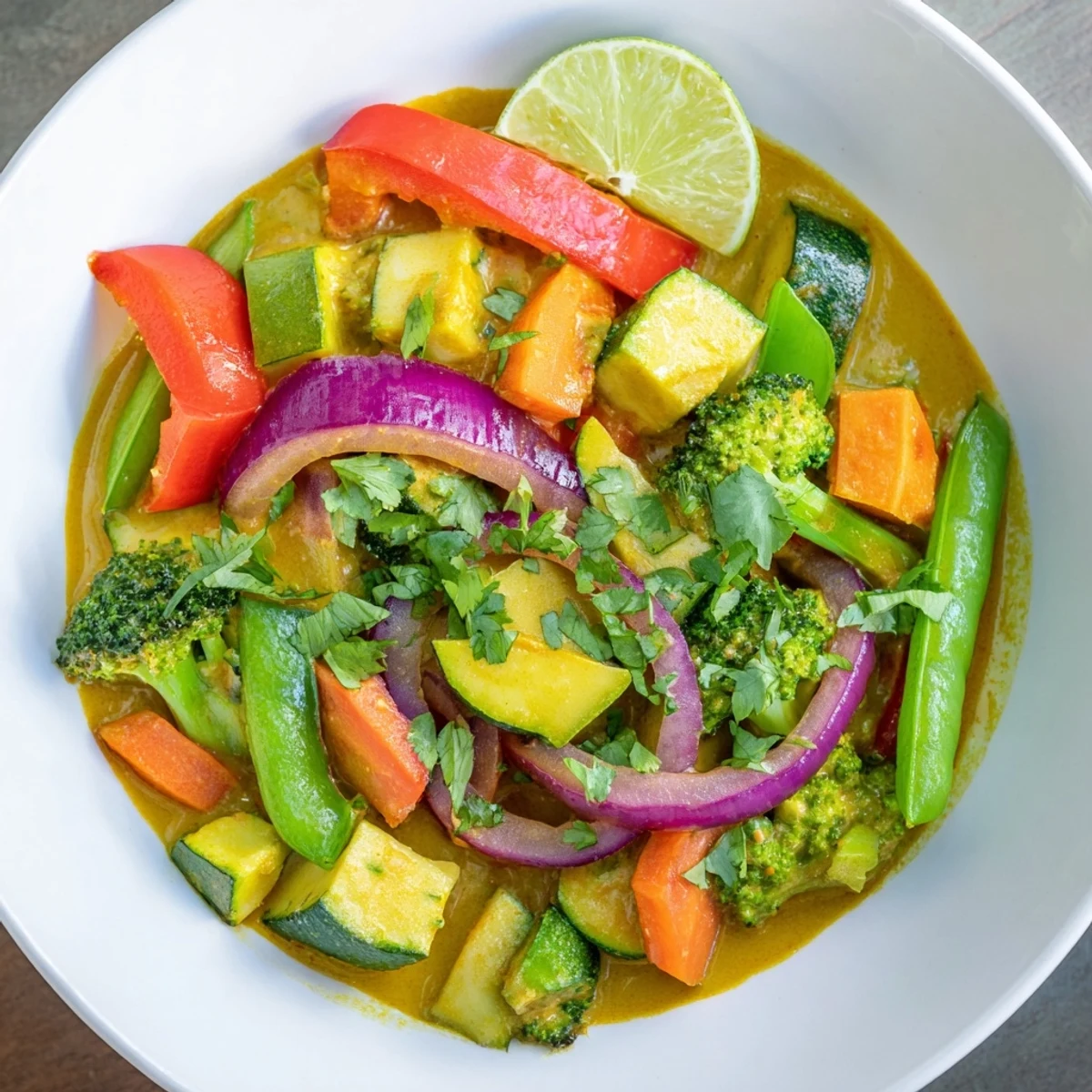 Close-up of a luscious, vegan Coconut Curry Vegetables dish, ready to be served over fluffy rice.