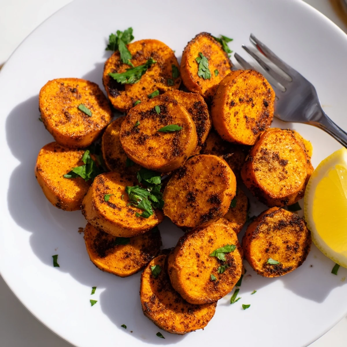Golden-brown Cajun roasted sweet potatoes, a flavorful side dish, ready to serve with parsley.