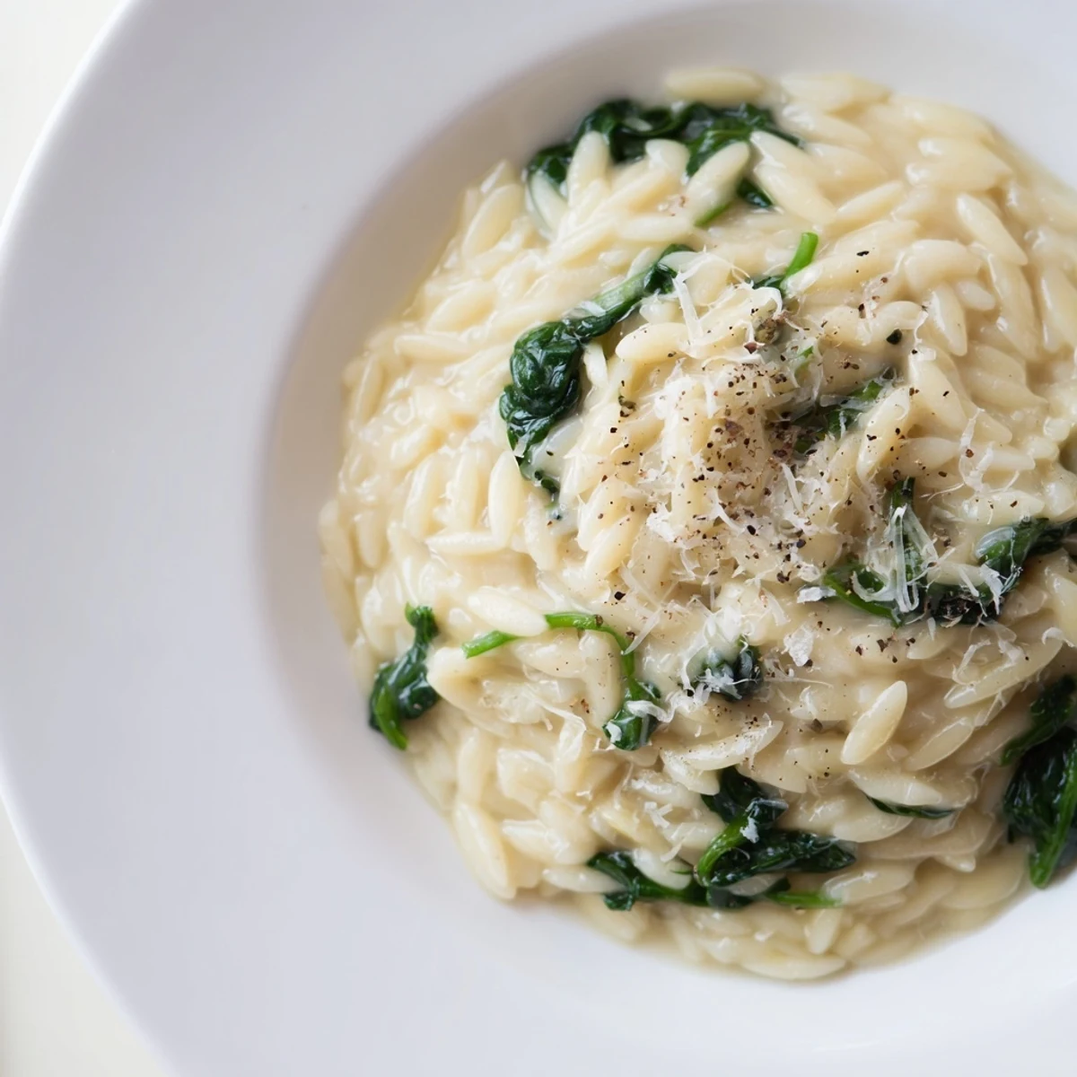 A visually appealing, creamy spinach orzo boasts a rich, cheesy sauce with fresh ingredients.