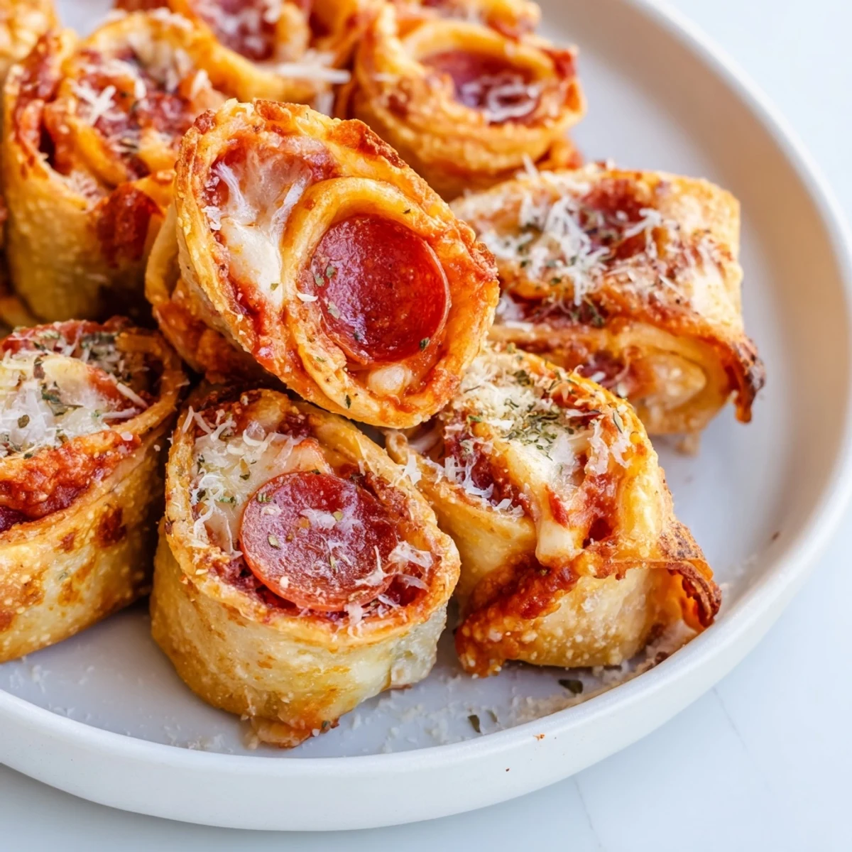 Golden-brown air fryer pizza rolls, bubbling with cheese and pepperoni, ready to eat.