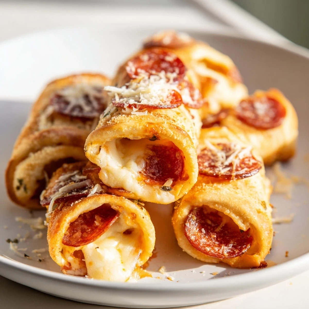 Close-up of crispy air fryer pizza rolls, perfect bite-sized snacks, served with dipping sauce.