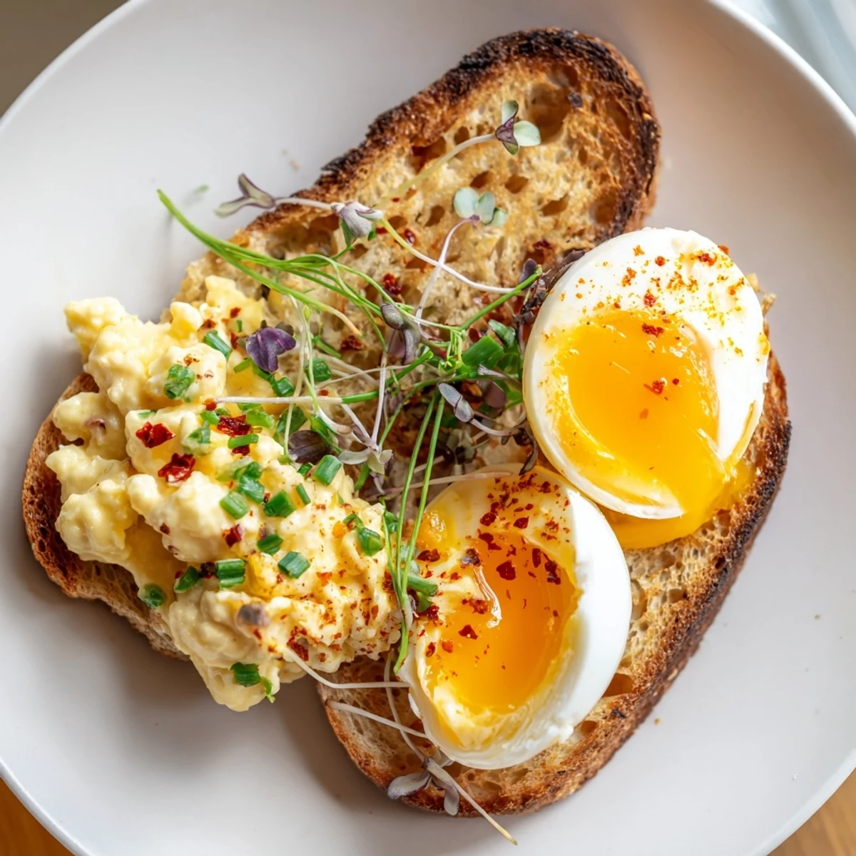 Golden, toasted bread holds three perfect Egg Flight Toast preparations: soft boiled, scrambled, and fried.