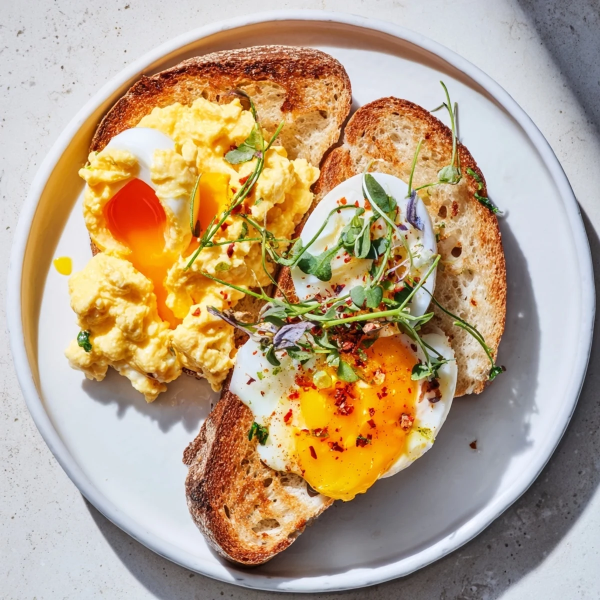 Enjoy a visually appealing Egg Flight Toast, with creamy, runny yolks and fresh, delicious garnishes.