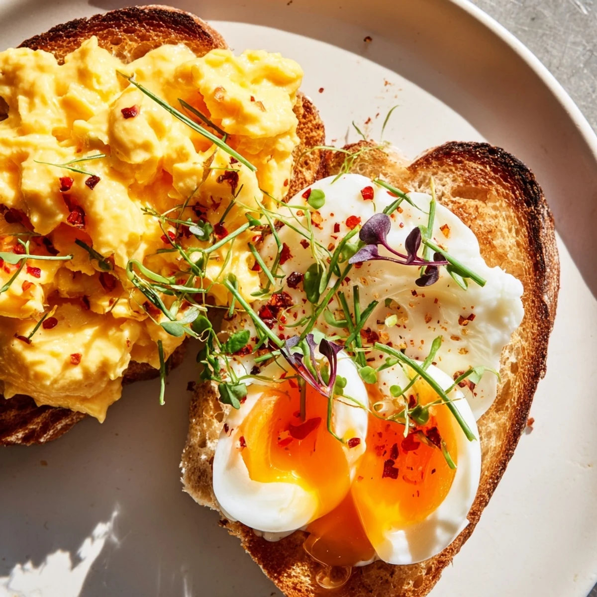 A close-up shows the delightful textures of each egg on this fully loaded Egg Flight Toast breakfast.
