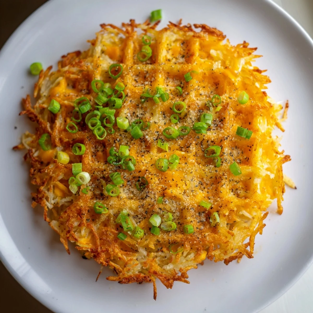 Freshly made cheesy hash brown waffles, served hot with sour cream and chives for brunch.