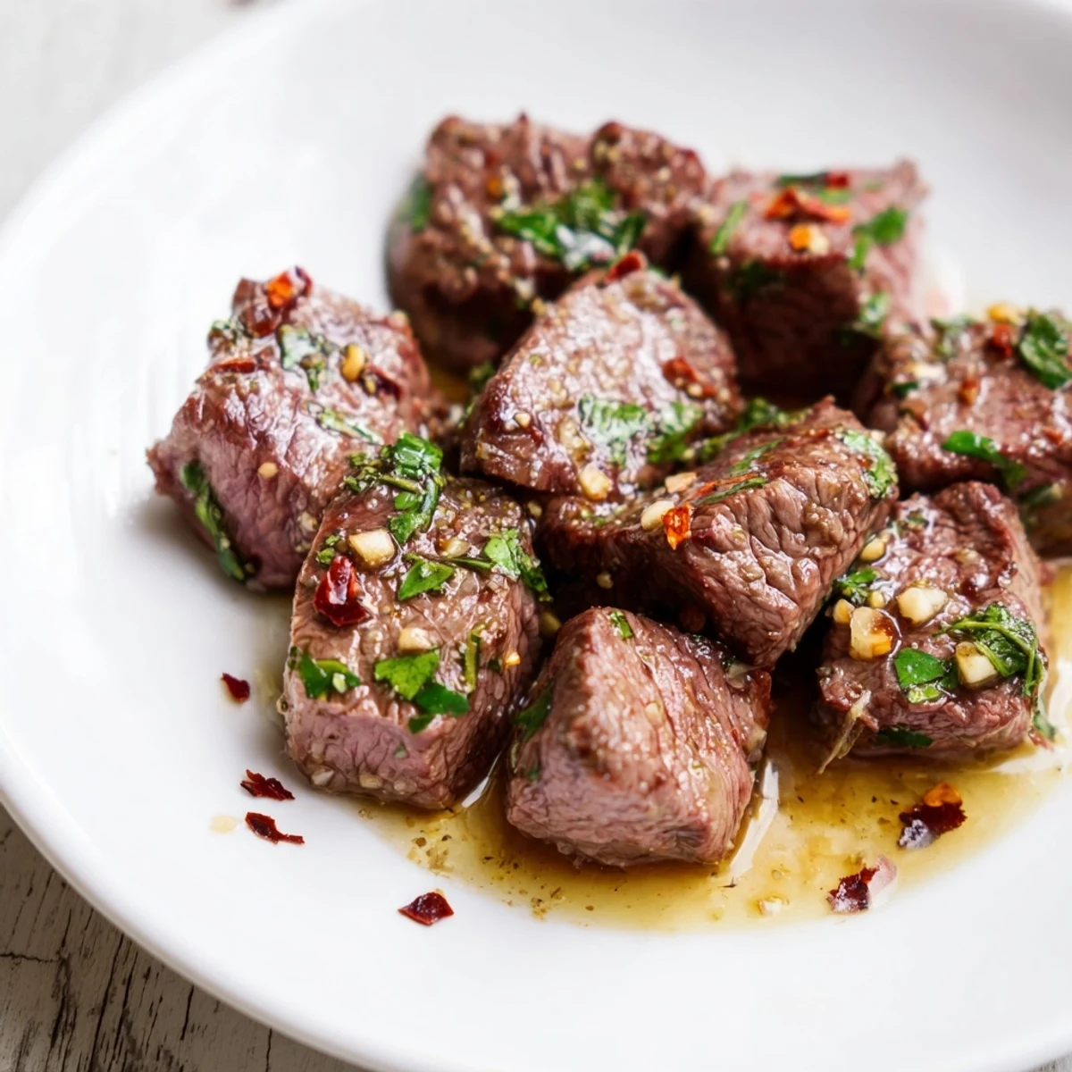 Garlic butter steak bites glistening with melted butter, herbs, and perfectly seared edges.