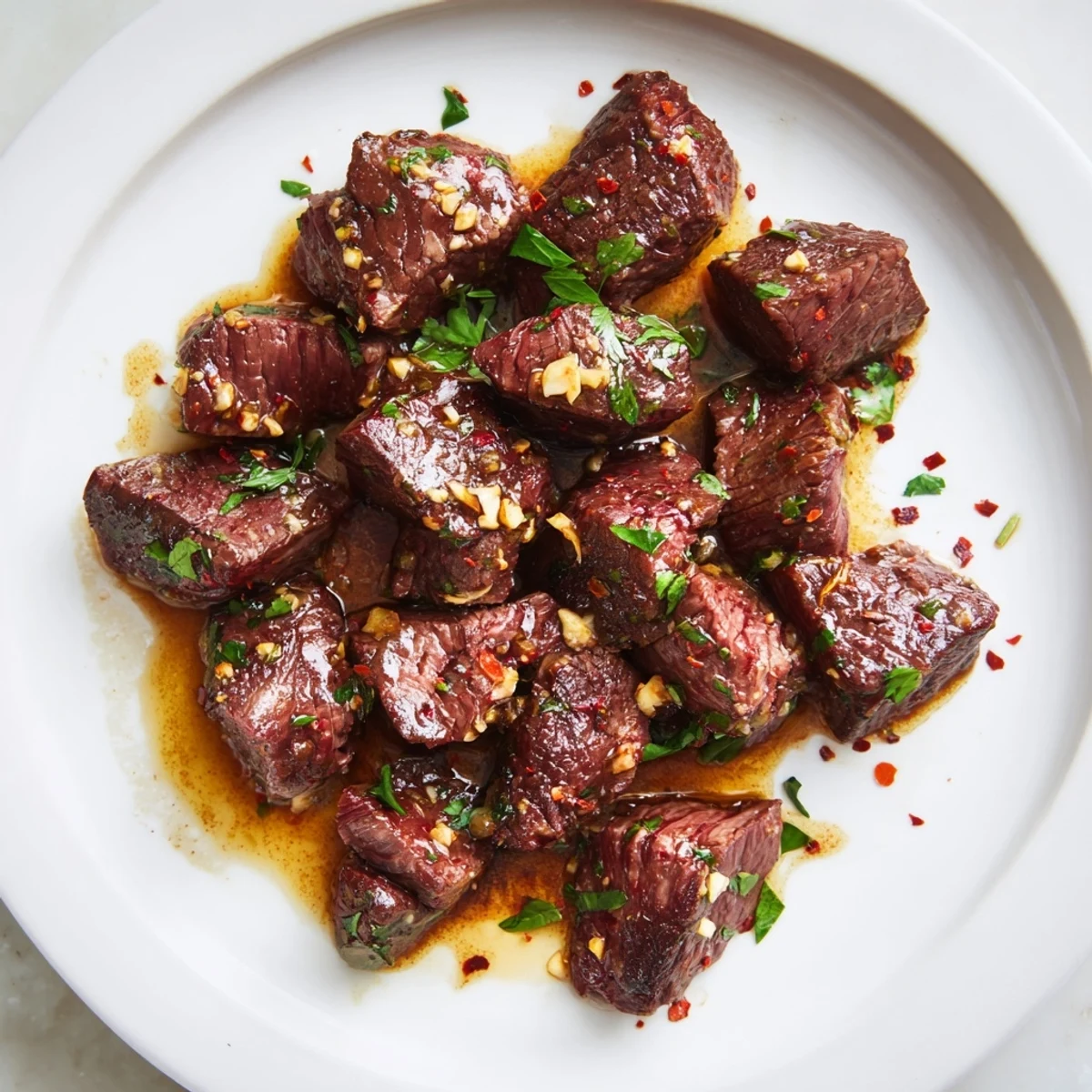 Vibrant image of savory garlic butter steak bites ready to eat, bursting with rich flavors.