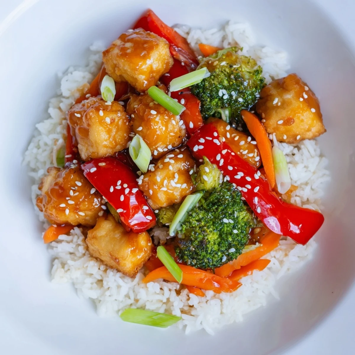 Golden, crispy Honey Garlic Tofu Bowls, with vibrant vegetables and a glossy, sweet sauce, ready to serve over rice.