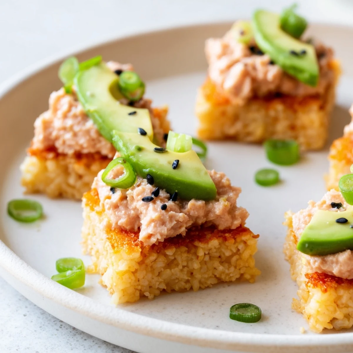 Crispy golden Spicy Tuna Crispy Rice appetizers are topped with creamy, vibrant tuna and avocado.