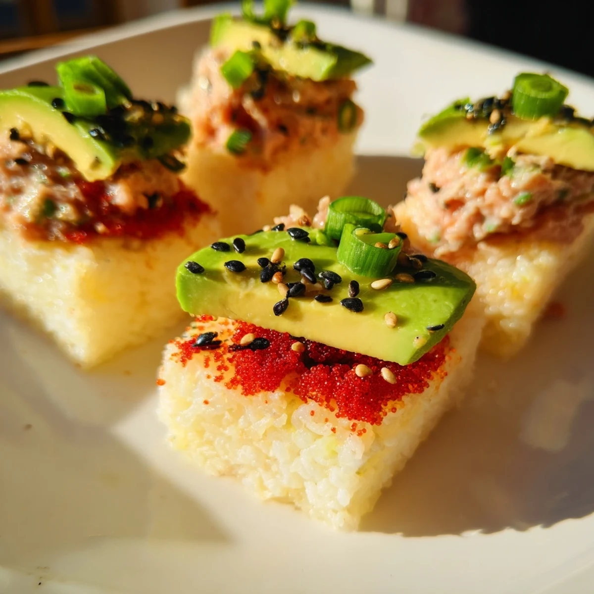 Savory Spicy Tuna Crispy Rice bites sitting on a white plate, offering crispy texture and spicy flavor.