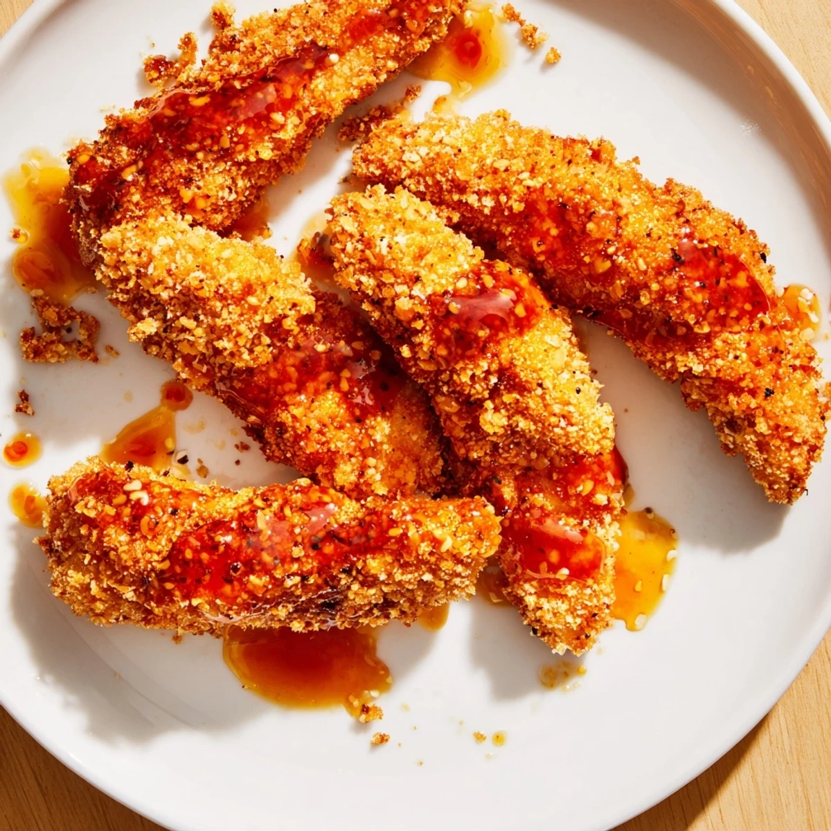 Golden-brown crispy panko chicken tenders drizzled with fiery hot honey, ready to eat and enjoy!