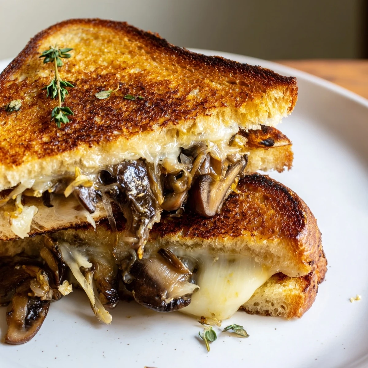 Perfectly grilled, buttery sourdough surrounding a creamy mushroom grilled cheese, ready to be devoured.