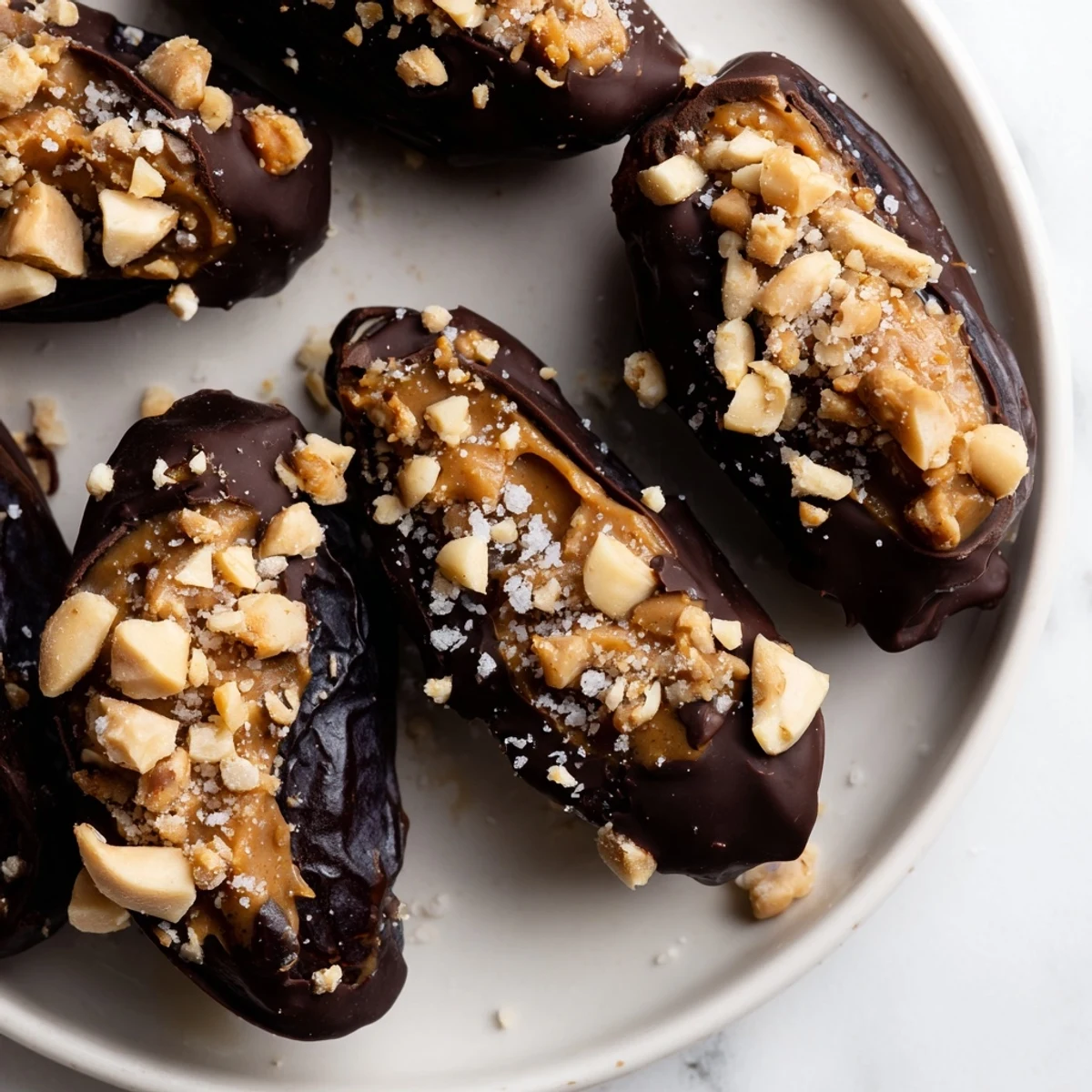 These fresh Chocolate Date Snickers show juicy Medjool dates enveloped in chocolate, perfect for dessert.