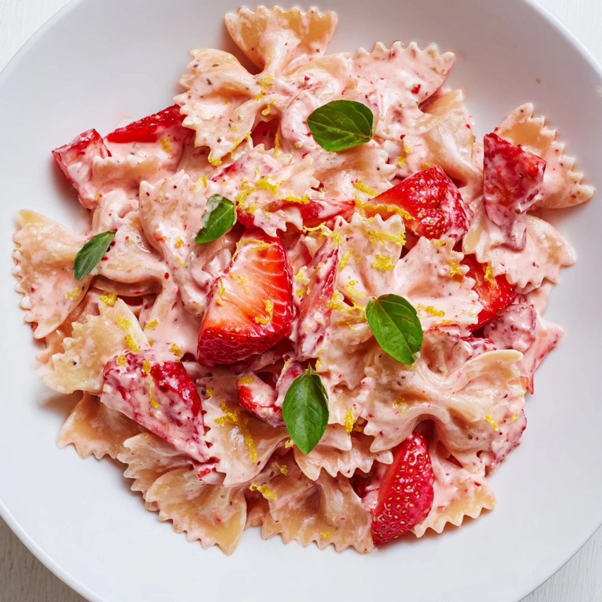 Creamy strawberry sour cream pasta, garnished with basil, provides a vibrant summer meal experience.