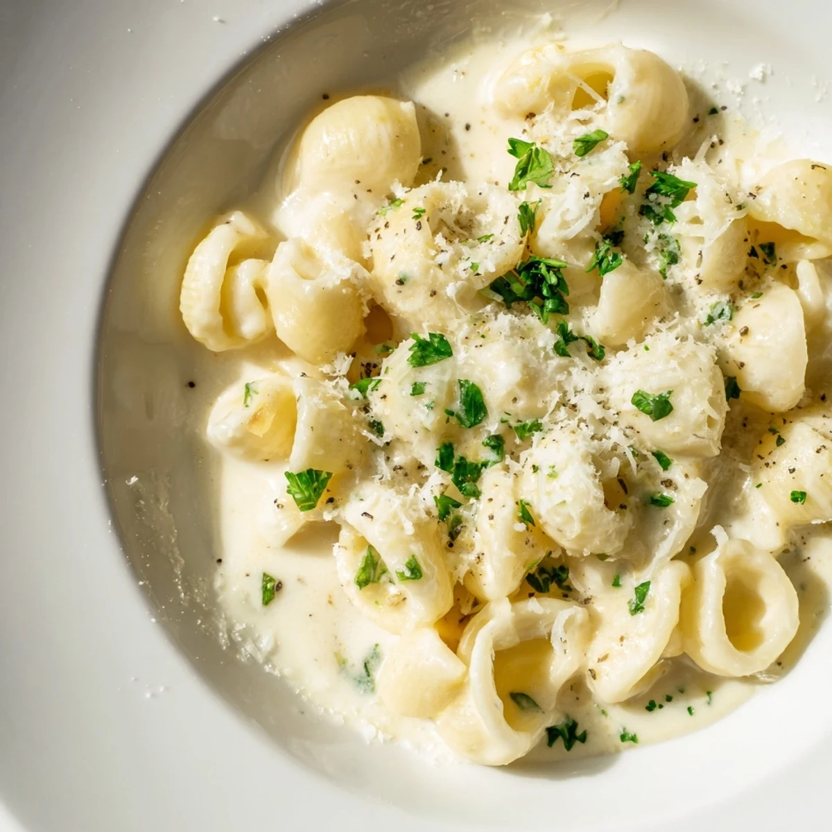 Steaming bowl of creamy ditalini pasta, rich with garlic sauce and fresh parsley garnish.