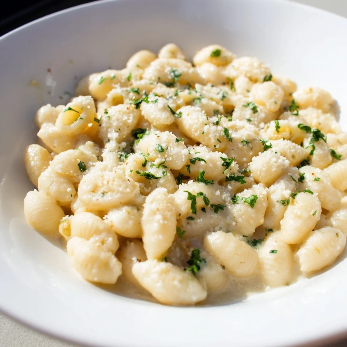 Close-up of golden ditalini pasta bathed in a creamy, garlic-infused sauce, ready to eat.