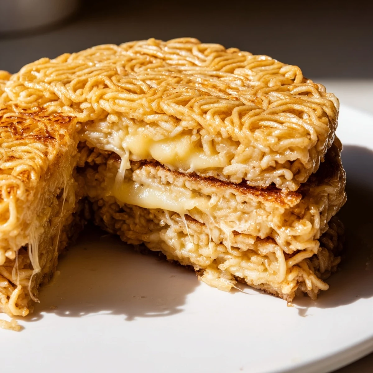 Golden-brown Ramen Grilled Cheese, boasting melted cheese oozing from crispy noodle buns, tempting your tastebuds.